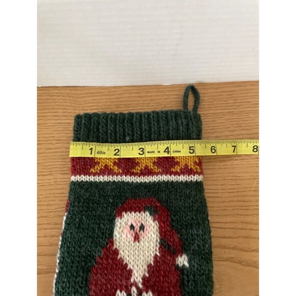 Vtg Handmade Knit Christmas Stocking Green and Red Santa and Stars 19.5 inch - Picture 6 of 6